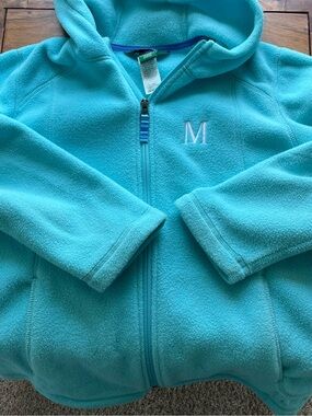 L.L. Bean kids teal zippered fleece w/hood. Monogrammed M. Kids L 14-16